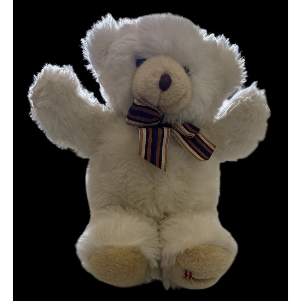 HARRODS Knightsbridge Teddy Bear Plush Stuffed Animal White w /Striped Ribbon